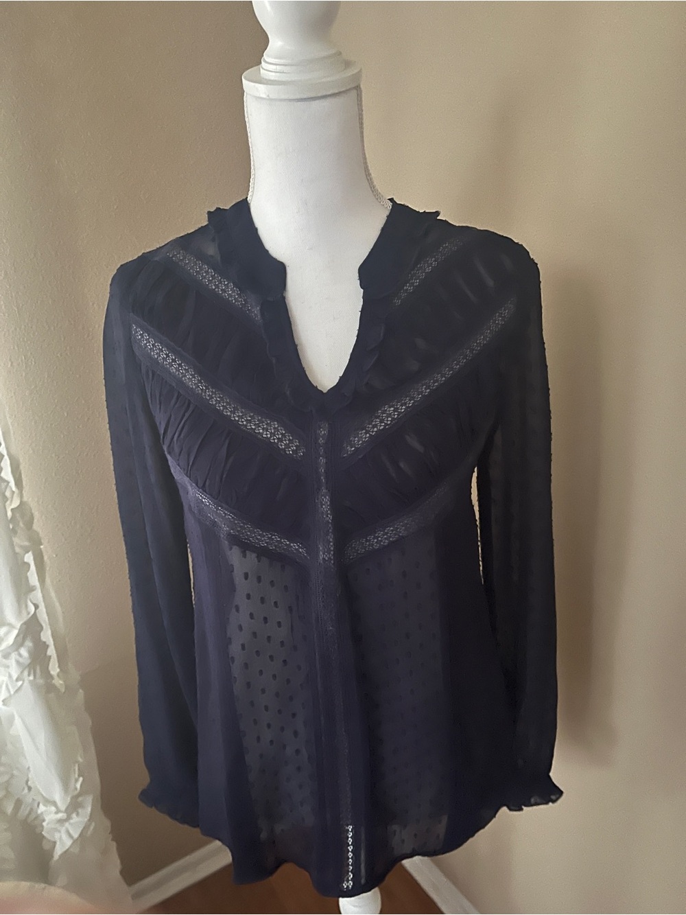 Sundance Blouse Long Sleeve V Neck Ruffle blue